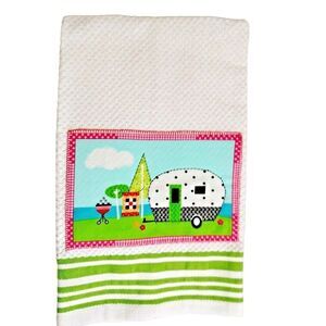 Retro Camper Kitchen Towel Applique Trailer White Green Stripes Cotton Gift NEW